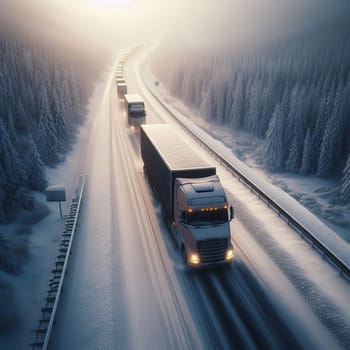 An aerial view of a snowy highway bustling with trucks, framed by snow-covered trees on either side