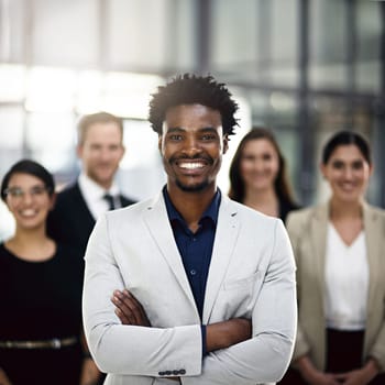 Teamwork, crossed arms and portrait of business people in office for partnership, collaboration or about us. Professional lawyers, diversity and men and women with confidence, company pride and smile.