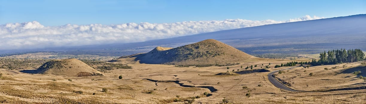 Desert, banner and landscape of mountains in nature, countryside or journey to inactive volcano in Hawaii. Hill, road and travel to bush in valley with grass, plants and clouds on horizon in blue sky.