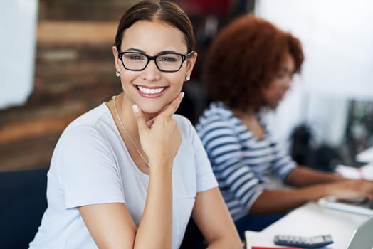 Office, work and portrait and woman at desk with smile for accounting, job and career in finance. Accountant, audit and female person with confidence at table for financial agency, pride and business.