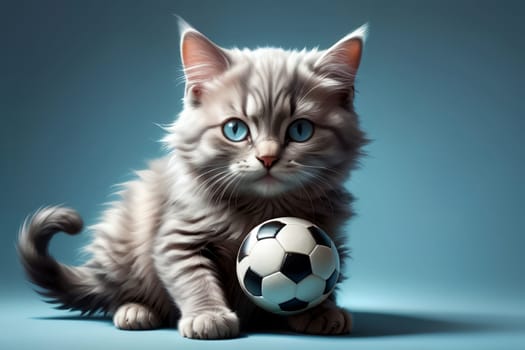 cat in a t-shirt with a soccer ball, isolated on a blue background .