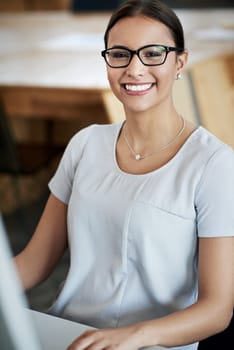Office, job and portrait and woman at desk with smile for positivity, work and pride in career. Happy, entrepreneur and female person with confidence at table for creative agency, business and joy.
