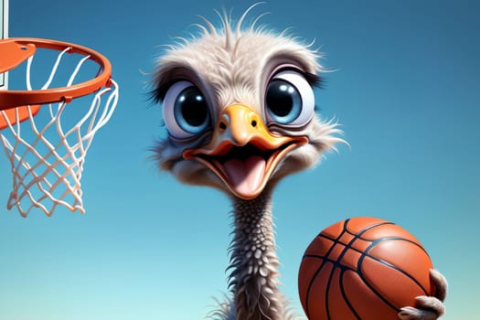 cute sporty happy ostrich playing basketball .