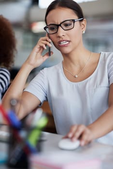 Business, woman and phone call in working office, conversation and smartphone or angry. Administrator, communicating and checking system for stock info, networking with connection for contact.