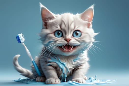 happy cat brushing his teeth, isolated on a light blue background .