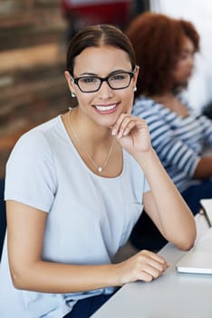 Woman, portrait and smile in office for accounting, job and career in finance. Female person, accountant or auditor and confident at table for financial agency, employment or business meeting.
