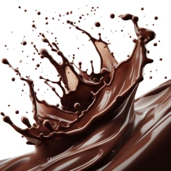 A dynamic splash of chocolate milk against a white background, forming a crown-like shape with droplets flying in all directions