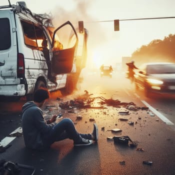 A young man in shock sits on the ground in front of a burning car wreckage on a highway, conveying a dramatic scene of chaos and destruction