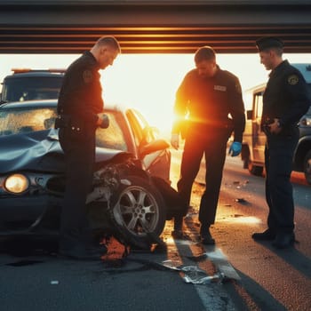 Officers inspecting a damaged car at sunset, capturing the intense moment post-collision