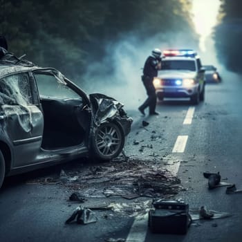 A car accident scene on a highway, with a heavily damaged vehicle and debris scattered around, and a police officer in the background