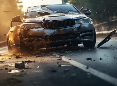 Car crash on a highway with a damaged car and debris scattered across the road
