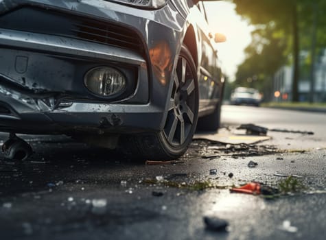 A car with a damaged front bumper and headlight on a city street, with debris scattered around from the impact