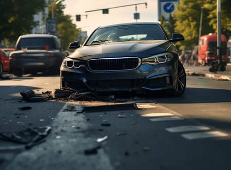 A black car on a city street, severely damaged in an accident with debris scattered around