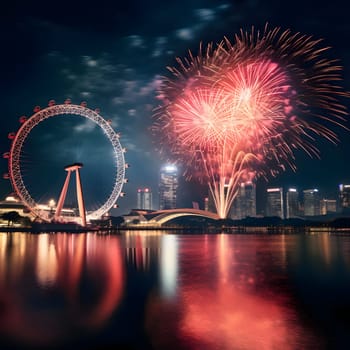 London Eye and fireworks launches in the night sky. New Year's fun and festivities. A time of celebration and resolutions.
