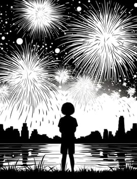 Black and white engraving, boy over water fireworks shooting in the sky. New Year's fun and festivities. A time of celebration and resolutions.