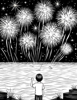 Black and white engraving, boy over water fireworks shooting in the sky. New Year's fun and festivities. A time of celebration and resolutions.