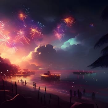 Colorful explosions of fireworks against the night sky on the beach. New Year's fun and festivities. A time of celebration and resolutions.