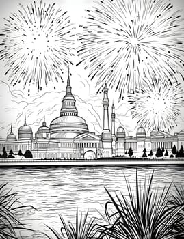 Black and White coloring page; fireworks shots against the sky and buildings and water. New Year's fun and festivities. A time of celebration and resolutions.