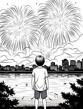 Boy watching fireworks show in the sky. Black and White coloring sheet. New Year's fun and festivities. A time of celebration and resolutions.