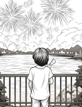 Boy watching fireworks show in the sky. Black and White coloring sheet. New Year's fun and festivities. A time of celebration and resolutions.