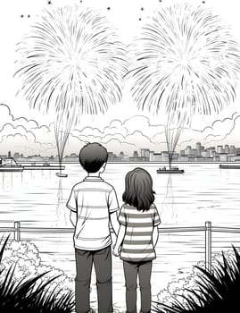 Couple watching fireworks show in the sky. Black and White coloring sheet. New Year's fun and festivities. A time of celebration and resolutions.