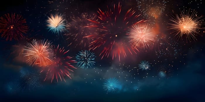 Colorful fireworks, explosions in the night sky. New Year's fun and festivities. A time of celebration and resolutions.