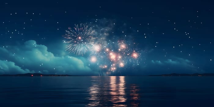 Colorful fireworks, explosions in the night sky over the ocean. New Year's fun and festivities. A time of celebration and resolutions.