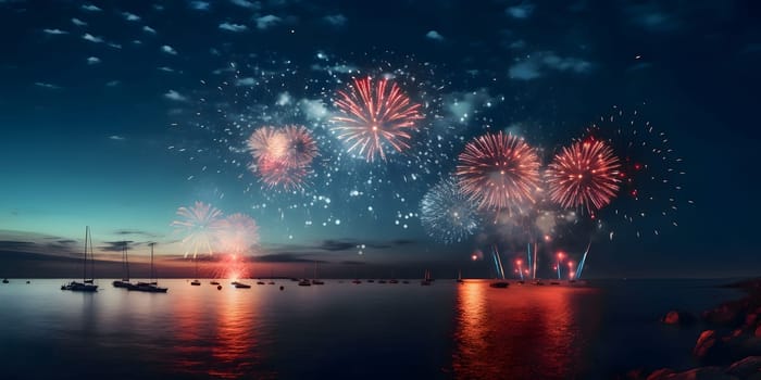 Colorful fireworks, explosions in the night sky over the ocean. New Year's fun and festivities. A time of celebration and resolutions.