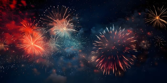 Colorful fireworks, explosions in the night sky. New Year's fun and festivities. A time of celebration and resolutions.