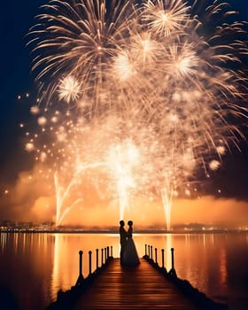 Fireworks launching against the night sky, on the lakeside platform a couple in an hug. New Year's fun and festivities. A time of celebration and resolutions.