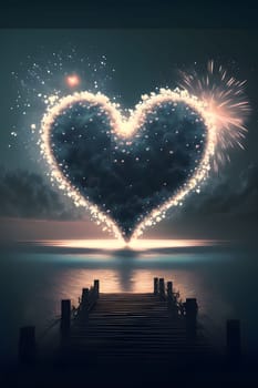 Colorful heart with fireworks on night background over the lake, sea. New Year's fun and festivities. A time of celebration and resolutions.