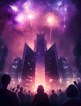 Illustration: colorful fireworks, explosions in the night sky, with city skyscrapers all around. New Year's fun and festivities. A time of celebration and resolutions.