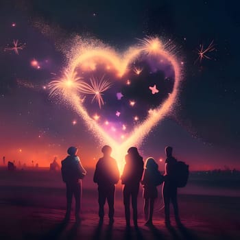 Illustration a group of young people watching a fireworks show with a heart on the night for the sky. New Year's fun and festivities. A time of celebration and resolutions.