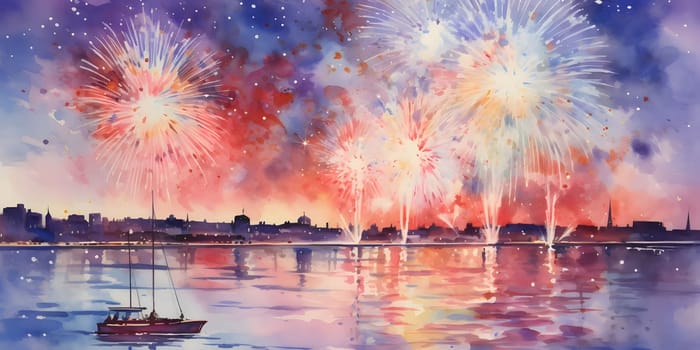 Illustration: colorful fireworks, explosions in the night sky over the lake, sea, pond. New Year's fun and festivities. A time of celebration and resolutions.