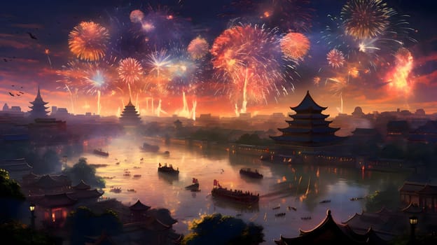 Illustration of fireworks shooting against this all sky background around the Chinese temple and boats on the water. New Year's fun and festivities. A time of celebration and resolutions.