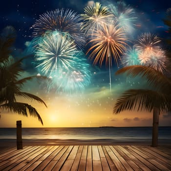 Fireworks show over the beach above the wooden pier. New Year's fun and festivities. A time of celebration and resolutions.