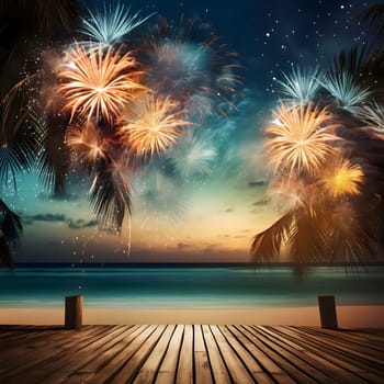 Fireworks show over the beach above the wooden pier. New Year's fun and festivities. A time of celebration and resolutions.