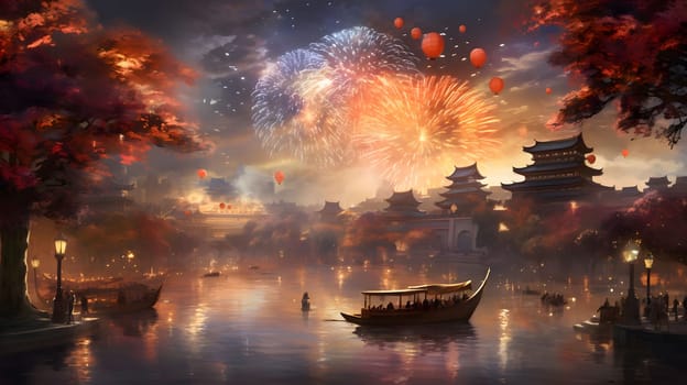 Illustration of fireworks shooting against this all sky background around the Chinese temple and boats on the water. New Year's fun and festivities. A time of celebration and resolutions.