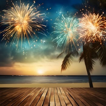 Fireworks show over the beach above the wooden pier. New Year's fun and festivities. A time of celebration and resolutions.