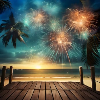 Fireworks show over the beach above the wooden pier. New Year's fun and festivities. A time of celebration and resolutions.