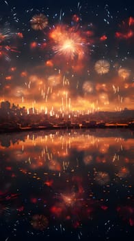 Illustration, colorful explosions of fireworks by the sea and lake. New Year's fun and festivities. A time of celebration and resolutions.