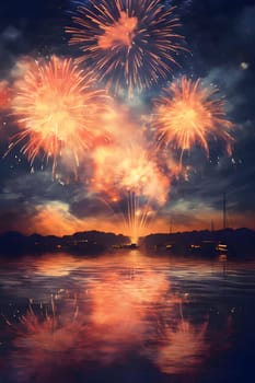 Illustration: colorful fireworks, explosions in the night sky over the lake, sea, pond. New Year's fun and festivities. A time of celebration and resolutions.