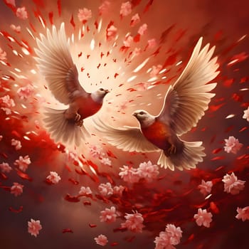 Two doves on a red background with blush pink flowers. New Year's fun and festivities. A time of celebration and resolutions.
