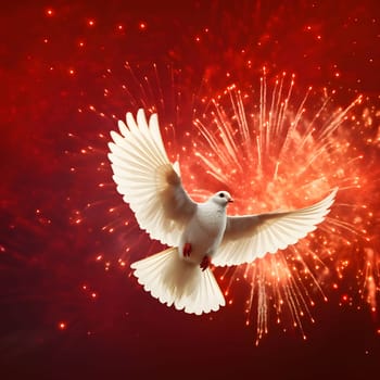 White dove in flight on red background with fireworks explosions. New Year's fun and festivities. A time of celebration and resolutions.