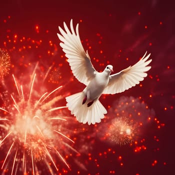 White dove in flight on red background with fireworks explosions. New Year's fun and festivities. A time of celebration and resolutions.