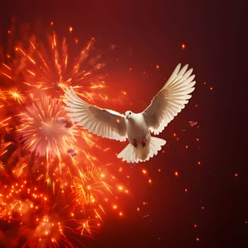 White dove in flight on red background with fireworks explosions. New Year's fun and festivities. A time of celebration and resolutions.
