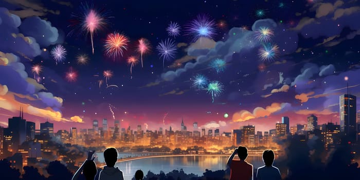 Illustration of people watching a display of colorful fireworks against the backdrop of the city. New Year's fun and festivities. A time of celebration and resolutions.