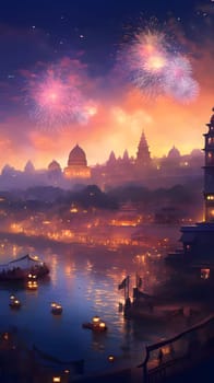 Explosions of fireworks in the sky against the backdrop of the temple. New Year's fun and festivities. A time of celebration and resolutions.