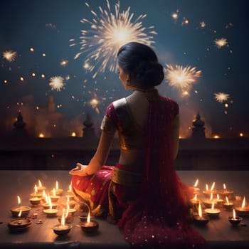 Young woman sitting by lit candles in the sky fireworks shots, diwali. New Year's fun and festivities. A time of celebration and resolutions.