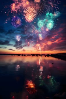 Shots of colorful fireworks over the water. New Year's fun and festivities. A time of celebration and resolutions.